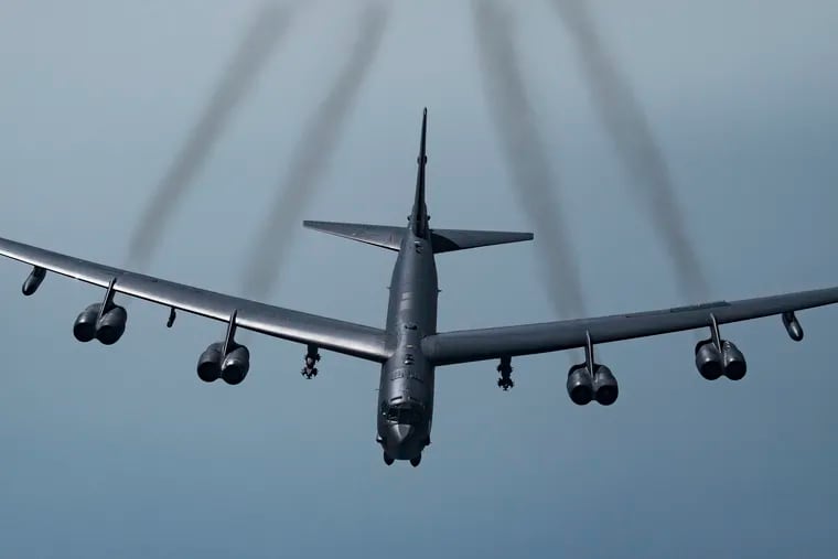 In this Tuesday, May 21, 2019 photo, provided by the U.S. Air Force, a U.S. B-52H Stratofortress, prepares to join up with Qatari Air Force Mirage 2000s and U.S. F-35A Lightning IIs to fly in formation over Southwest Asia to build military-to-military relationships, in an undisclosed location. The B-52H is part of the Bomber Task Force deployed to the U.S. Central Command area of responsibility to defend American forces and interests in the region. (Senior Airman Keifer Bowes/U.S. Air Force via AP)