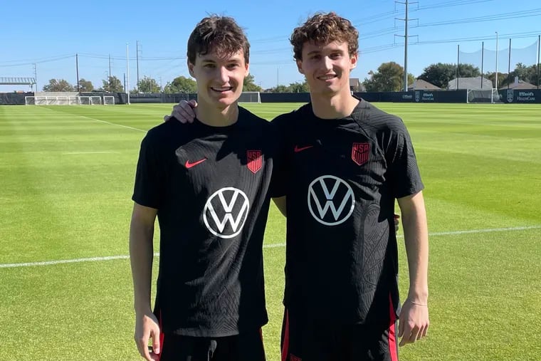 Paxten (left) and Brenden Aaronson together on the field at Tuesday's U.S. men's soccer team practice in Austin, Texas.