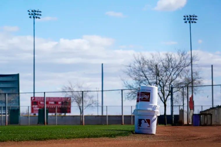 A practice field at the Cincinnati Reds' spring training complex sits empty.