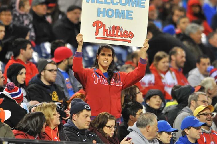 A fan welcomes home the Phillies during the game against the Toronto
Blue Jays at Citizens Bank Park March 29, 2013. (Clem Murray/Staff Photographer)