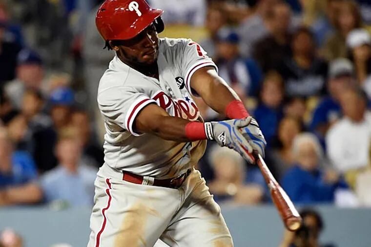 Philadelphia Phillies third baseman Maikel Franco (7) singles against the Los Angeles Dodgers during the fifth inning at Dodger Stadium. (Richard Mackson/USA Today)