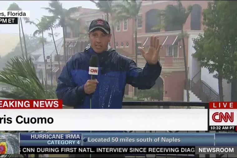 This image taken from video shows CNN's Chris Cuomo during his afternoon coverage of Hurricane Irma in Naples, Fla., on Sunday, Sept. 10, 2017. Journalists were the shock troops allowing the nation to experience the storm from the comfort of their living rooms. Networks all brought their top teams in on the weekend for special coverage, non-stop on the news channels.