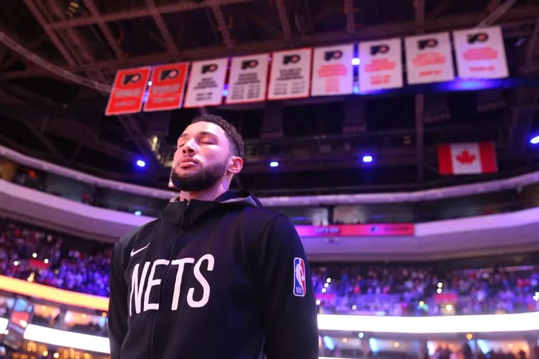 Ben Simmons of the Nets during the national anthem at the Wells Fargo Center on Jan. 25, 2023.