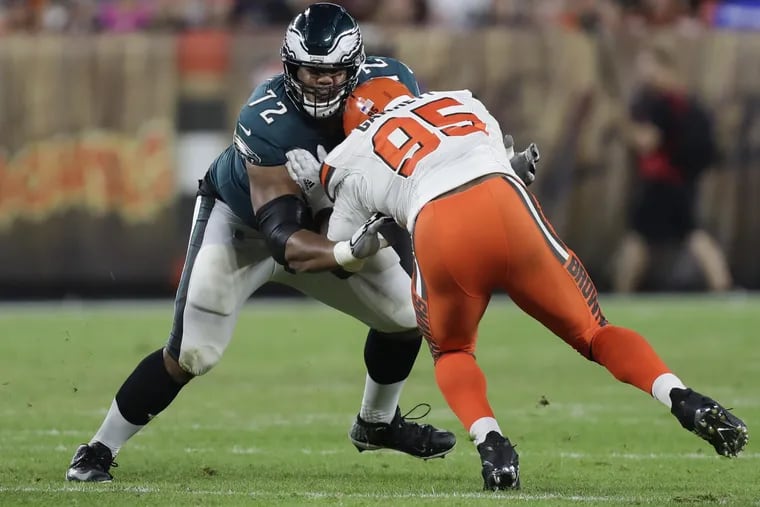 Eagles offensive tackle Halapoulivaati Vaitai struggled with Browns' defensive end Myles Garrett most of Thursday.