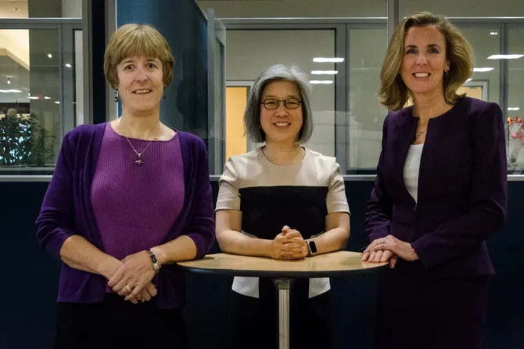 Jane Holmes Hollingsworth, Joan Lau, and Katie McGinty (left to right) in their Militia Hill Ventures office at 3001 Market St. McGinty was recently appointed a partner and works closely with Hollingsworth and Lau, who are the founding managing partners of the company.