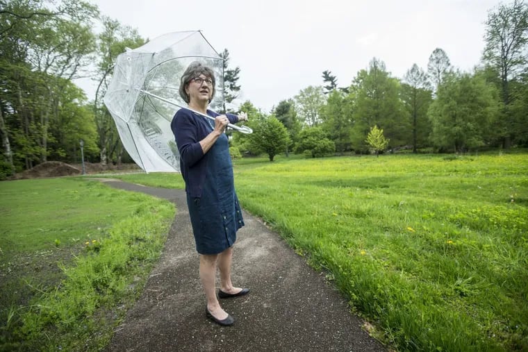 On May 10, 2018, Molly Morrison, president of Natural Lands, stands in an area of the grounds that the Lower Merion School District was trying to acquire, through eminent domain, for playing fields for a new middle school. But now the school district is actually trying to get the entire property, including the brand new garden.