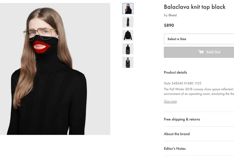 A screenshot taken on Thursday, Feb.7, 2019, from an online fashion outlet showing a Gucci turtleneck black wool balaclava sweater for sale that was recently pulled from its online and physical stores.