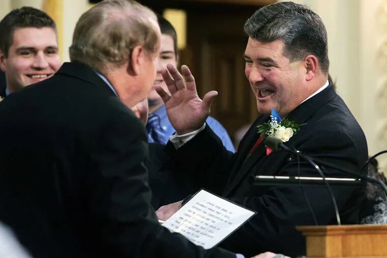 Sen. Steve Oroho (right) is sworn in by Senate President Richard J. Codey at the statehouse on Jan. 8, 2008 in Trenton.