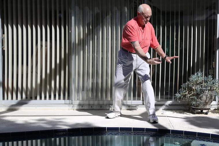 Gus Hoefling, who worked as a strength and conditioning coach for the Phillies, demonstrates Kung Fu at his home in Largo, FL on February 15, 2020. Hoefling practices Kung Fu every morning. .Gus, 85, is battling Stage IV cancer that he developed from an addiction to chewing tobacco. He is suing the tobacco industry, in what could become a landmark case.