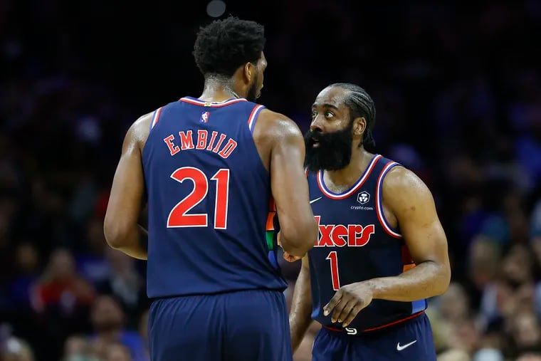 Sixers guard James Harden with center Joel Embiid against the Dallas Mavericks on Friday, March 18, 2022 in Philadelphia.