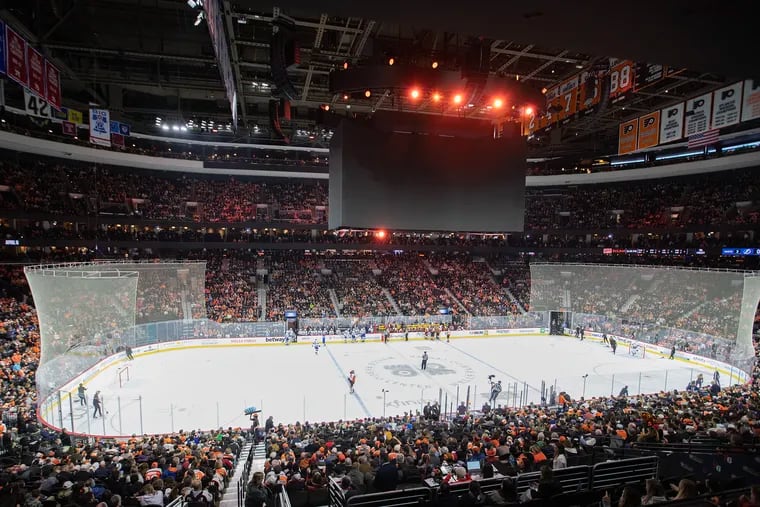A partial power outage at the Wells Fargo Arena at the Flyers Lightining game during the 1st period on. Feb. 27, 2024. The scoreboard which remained darkened.