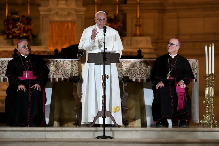 Pope Francis addresses bishops in St. Martin of Tours Chapel at St. Charles Borromeo Seminary on Sept. 27, 2015. At left is Archbishop Charles Chaput. The Rev. Timothy Senior, rector of St. Charles and auxiliary bishop, is seated at right.