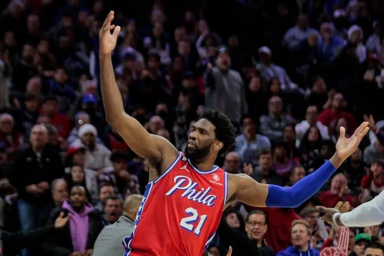 Sixers center Joel Embiid looks for a foul call during the game against the Los Angeles Clippers on Dec. 23.