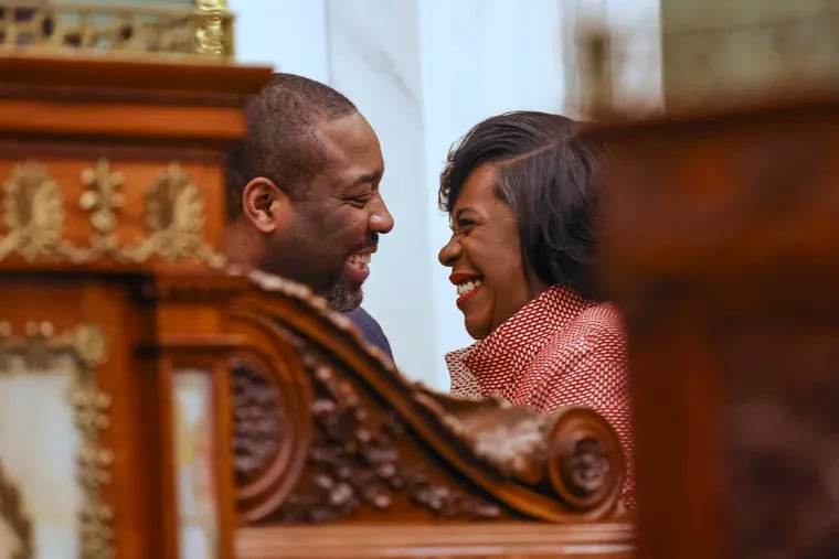 Philadelphia Mayor Cherelle L. Parker greets council president Kenyatta Johnson before she delivers her first budget address in City Council chambers in Philadelphia, Pa. on Thursday, March 14, 2024.