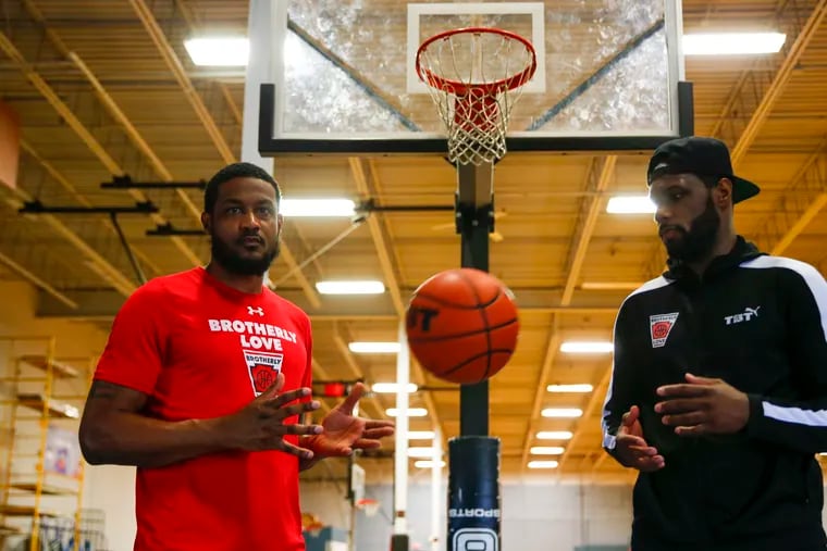 Ramone Moore (left) and Novar Gadson of Team Brotherly Love at a practice in Hatboro before traveling to Ohio for The Basketball Tournament.