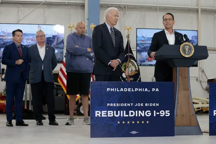 With President Joe Biden at his side, Pa. Gov. Josh Shapiro announces that they expect to repair the collapsed portion of I-95 in two weeks.