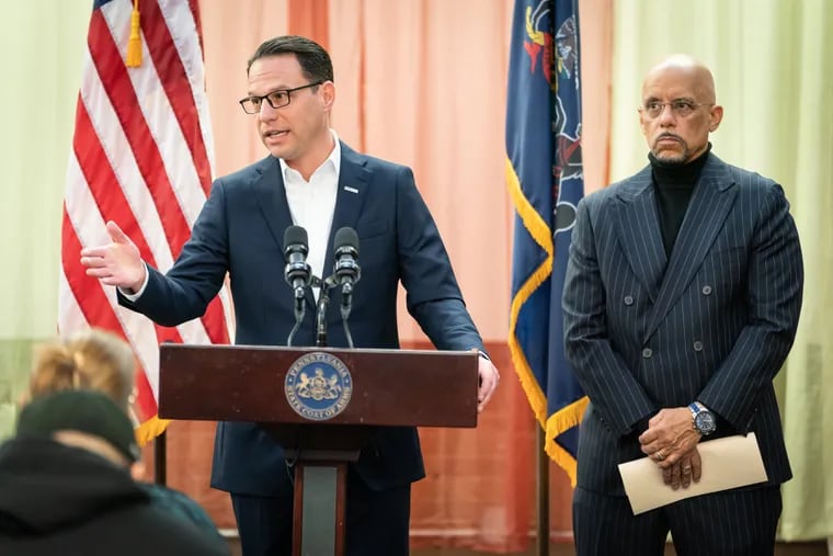Gov. Josh Shapiro announced that he is calling on state lawmakers to end the death penalty during a news conference at Mosaic Community Church in West Philadelphia on Thursday. Sen. Vince Hughes is pictured at right.