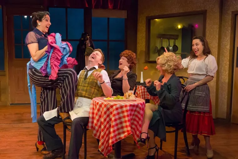 (Left to right:) Eleni Delopoulos, Zachary J. Chiero, April Woodall, Jessica Riloff, and Eileen Cella in "Cafe Puttanesca," through June 16 at Act II Playhouse in Ambler.