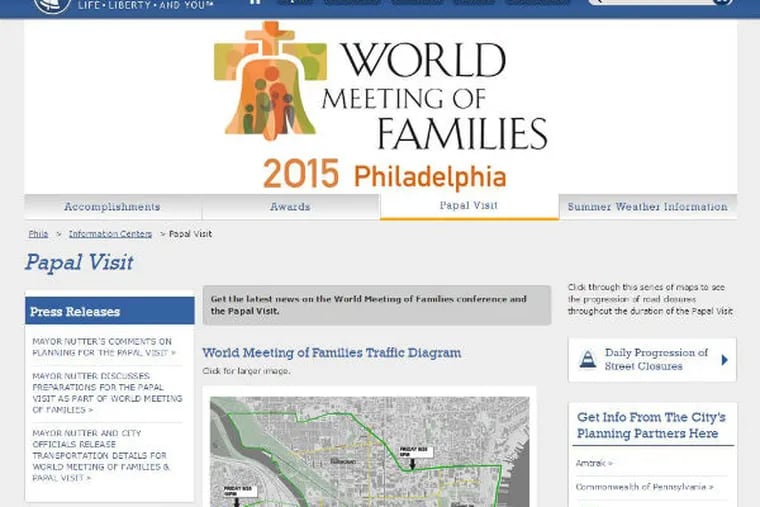 A screen grab from the city's Papal Visit web site at phila.gov/InformationCenters/pope/Pages/default.aspx