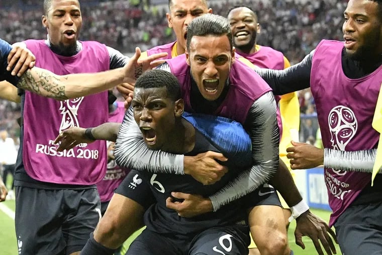 Paul Pogba celebrates after scoring France's third goal against Croatia in the World Cup final. It proved to be the game-winner.