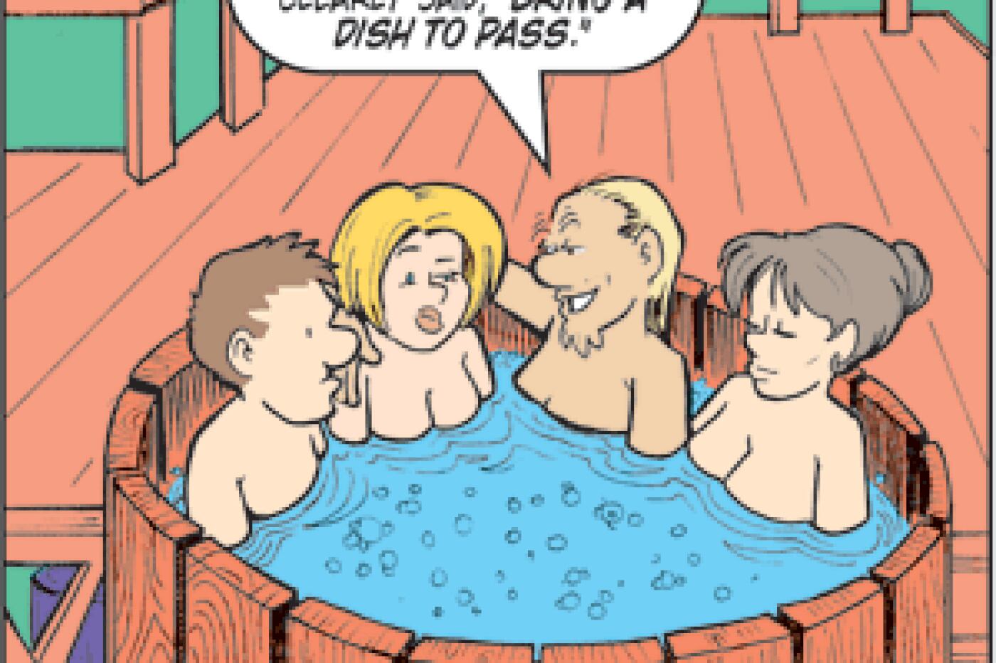Steamy Hot Nude Cartoons - Steve and Mia | Steamy invite: Nude hot tub with co-workers