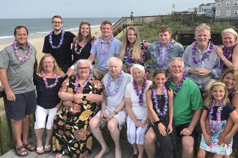 Wayne and Gerri Diehl with most of their family, celebrating their 60th Anniversary in the Outer Banks.
Back row: Grandson Kyle Jennings; Tori Backham, fiancee of Brian Jennings; Grandson Brian Jennings; a family friend; Grandson Shane Jennings;  Son-in-law Kevin Stanfield; and Daughter Kathy Stanfield.
Front row, standing: Son-in-law Jeff Jennings. Front row, seated: Daughter Alane Jennings, Daughter Karen Diehl, Wayne Diehl, Gerri Diehl, Granddaughter Caitlin Diehl, Son Craig Diehl, Granddaughter Avery Diehl, and Daughter-in-law Tracy Diehl

.