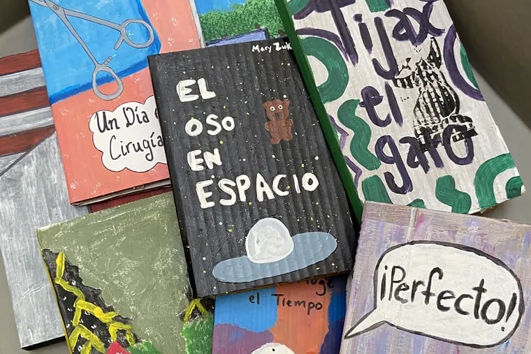 Some of the books created by Drexel students in 2022, the first time that Celeste Dolores Mann taught her class on Spanish performing arts and the Cartonera movement. This year's handmade books will be on exhibit at the W.W. Hagerty Library until June.