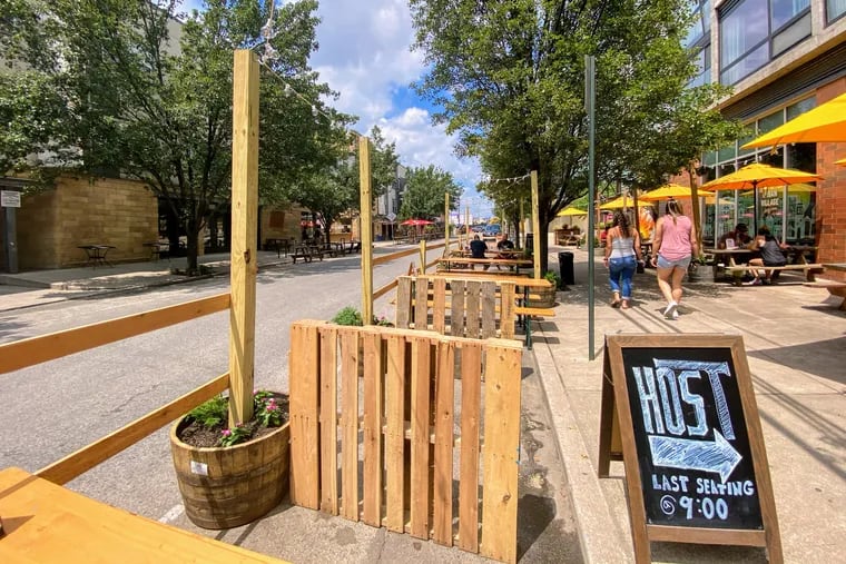 The outdoor setup in front of Urban Village Brewing Co. in Northern Liberties, which this weekend hosts the city's first outdoor-dining-specific street closure since the pandemic hit.