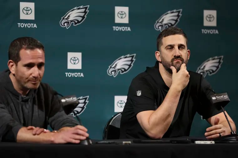 Eagles head coach Nick Sirianni and general manager Howie Roseman take questions during a press conference on Jan. 24.