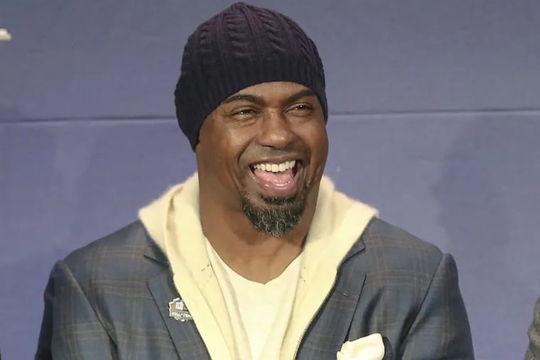 Brian Dawkins laughing at a story with his fellow classmates of the 2018 NFL Hall of Fame at the University of Minnesota in Minneapolis, Saturday, February 3, 2018. Dawkins talks with the Media being elected.