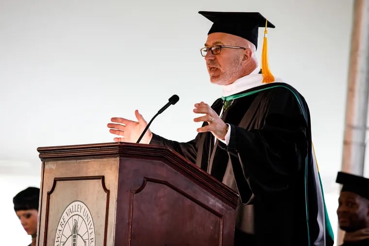 Michael Smerconish speaking at Delaware Valley University's Commencement ceremony in Doylestown, in May 2018. 