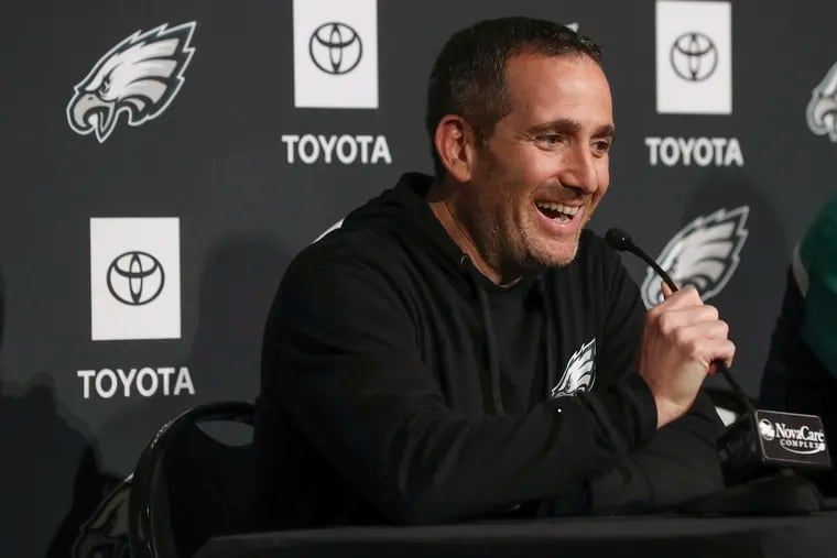 Eagles general manager Howie Roseman speaks during a joint press conference with head coach Nick Sirianni regarding next week's NFL Draft at the NovaCare Complex in Philadelphia on Thursday, April 20, 2023.