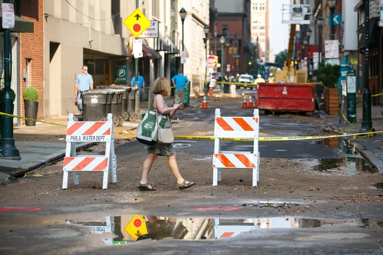 Sansom and 13th Streets where a water main break occurred early July 3, 2018.