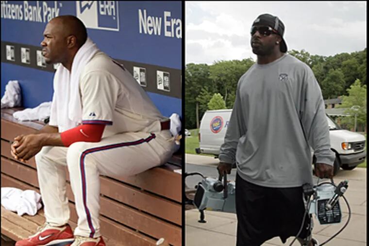 Jimmy Rollins (left), Phillies shortstop, sits benched in June for not running out a fly ball.  Running back Brian Westbrook (right) arrives at Eagles camp yesterday.