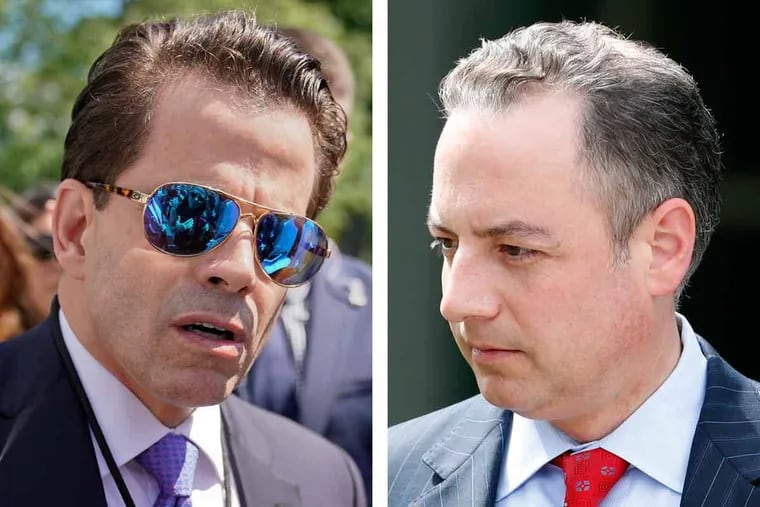 The ongoing feud between White House communications director Anthony Scaramucci (left) and former chief of staff Reince Prebius continued Sunday, through a friend of Scaramucci.