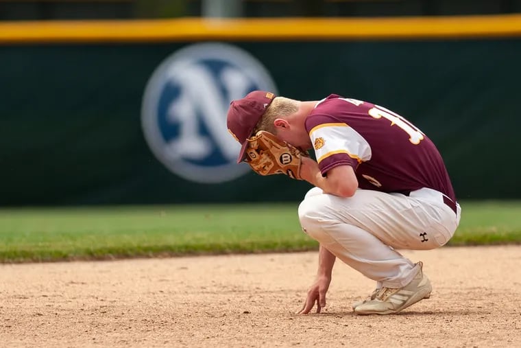 Glassboro pitcher Drew Tongue shows frustration that marked the seventh inning for the South Jersey Group 1 champions. Glassboro led 5-0 entering the inning but lost 8-5 to Emerson Boro in Group 1 state final.