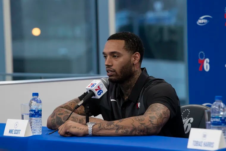 New Sixer Mike Scott speaking with the media during a news conference Thursday.