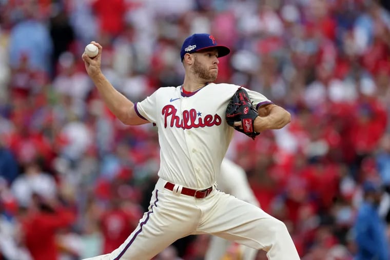 Zack Wheeler of the Phillies pitches against the Padres in game 5 of the National League Championship Series on Oct. 23, 2022 at Citizens Bank Park