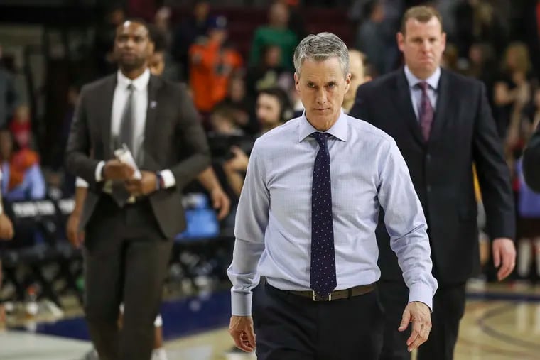 Penn coach Steve Donahue walking off the floor after a win against Columbia at the Palestra on March 7, 2020. Penn had just defeated Columbia to clinch an Ivy tournament berth.