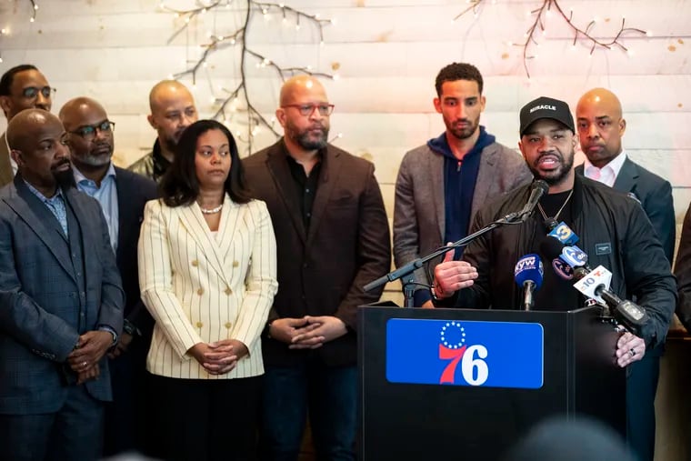 Pastor Carl Day of Culture Changing Christians Worship Center, surrounded by Black pastors and other leaders, spoke in support of a new Sixers arena in Center City Philadelphia.