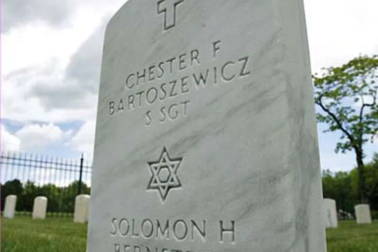 May 21, 2008 - The shared grave of Chester Bartoszewicz and Solomon Bernstein, both WWII veterans buried in Beverly National Cemetery in Edgewater Park, NJ.  (For the Daily News/ Jillian Bauer)