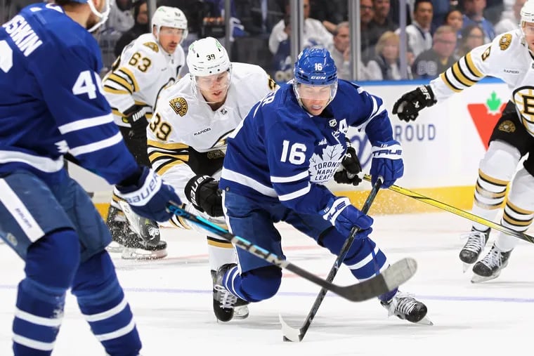 Mitch Marner #16 of the Toronto Maple Leafs skates against the Boston Bruins in Game Six of the First Round of the 2024 Stanley Cup Playoffs at Scotiabank Arena on May 02, 2024 in Toronto, Ontario, Canada. (Photo by Claus Andersen/Getty Images)