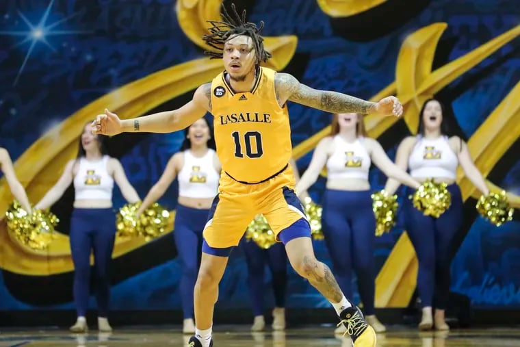 La Salle Explorers guard Josh Nickelberry (10) communicates with teammates during the second period of the La Salle Explorers game against the Saint Joseph's Hawks at Tom Gola Arena in Philadelphia, Pa. on Monday, January 16, 2023.