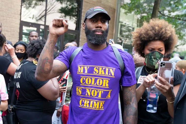 Former Eagle Malcolm Jenkins at a protest march organized by black fraternities to coincide with other marches. Thousands turned out on June 6, in the city’s largest demonstration yet against police brutality and racial injustice after the death of George Floyd.