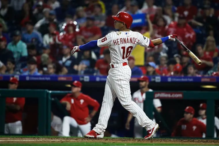 Philadelphia Phillies' Cesar Hernandez follows through after hitting a home run with a run batted in during the fourth inning of a baseball game against the St. Louis Cardinals, Tuesday, May 28, 2019, in Philadelphia. (AP Photo/Matt Rourke)