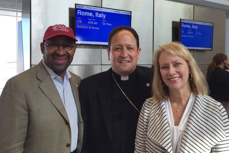 Mayor Nutter, Bishop John J. McIntyre, and Donna Crilley Farrell, before their flight to Rome for a four-day trip to finalize plans for the papal visit in September.