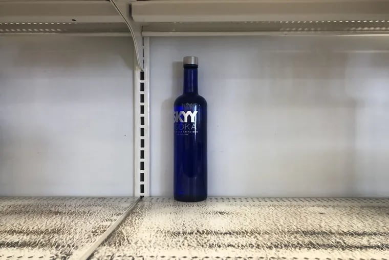 A lone bottle of Skyy Vodka remains on the shelves of the Conshohocken state liquor store. Less than 20 minutes after this photo was taken, the bottle was gone.