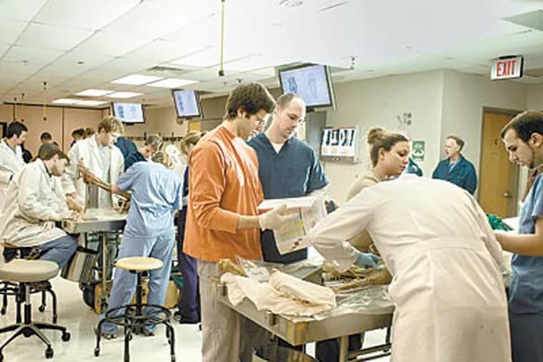 Widener University students studying to be physical therapists work on cadavers at the Philadelphia College of Osteopathic Medicine. A service Wednesday will allow students to acknowledge the body donors. (ED HILLE / Staff Photographer)