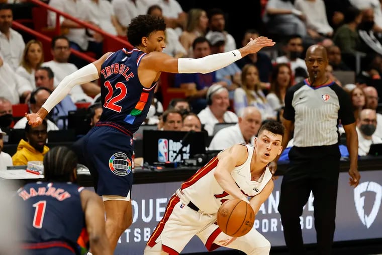 Sixers guard Matisse Thybulle defends Miami Heat guard Tyler Herro during game two of the second-round Eastern Conference playoffs on Wednesday.