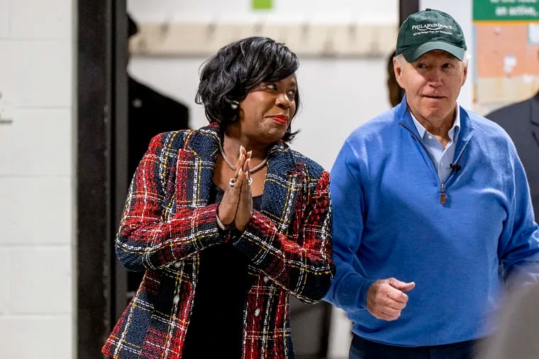When President Joe Biden, right, delivers his State of the Union address Thursday, Mayor Cherelle L. Parker, left, will be in the audience. The president and mayor are pictured here at Philadundance in Philadelphia on Martin Luther King Jr. Day.